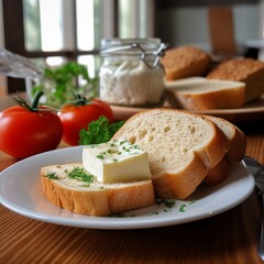 Slices of bread with cottage cheese and tomatoes on a plate