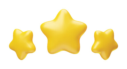 Three rotating golden glossy stars 3d realistic rendering. Metallic yellow stars. Leadership, game award, customer feedback symbol vector illustration isolated on white background