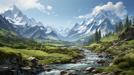 Fototapeta na wymiar Beautiful mountain landscape with a small river in it. Generative AI