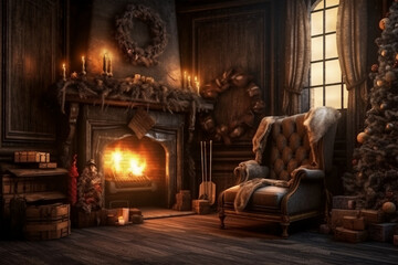 Obraz na płótnie Canvas Cozy Living Room with Fireplace, Chair, and Christmas Tree, Generative AI