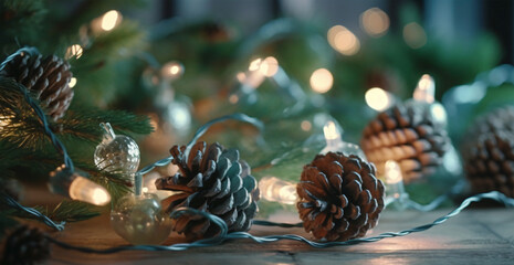 Cozy Holiday Decor: Pine Cones, Lights, and Tree on Table (Generative AI)