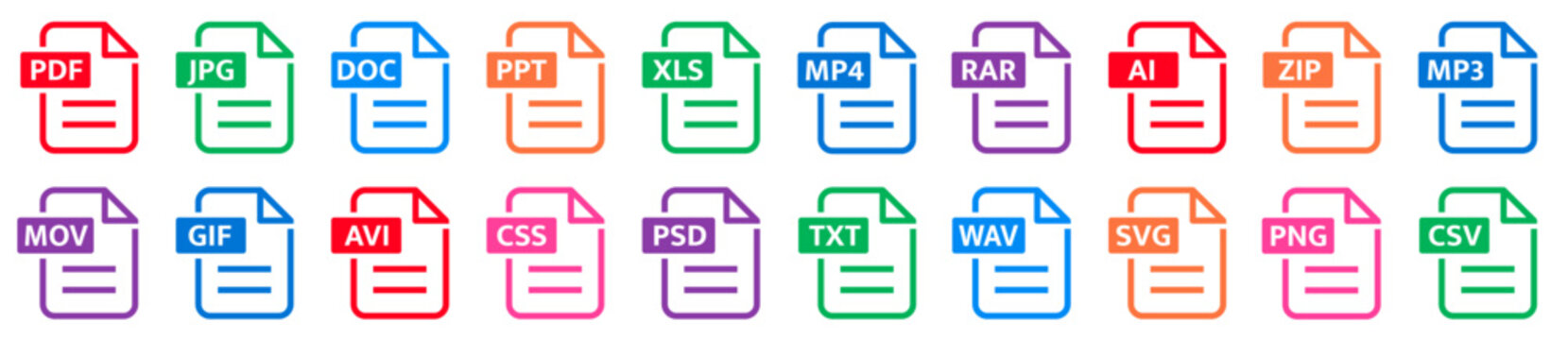 File formats big icon collection. File format of document icons set. PDF, JPG, DOC, PPT, XLS, MP4, RAR, AI, ZIP, MP3, MPV, GSF and others - stock vector.