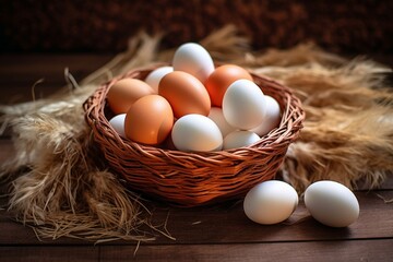 Chicken eggs in a basket on a wooden table. Selective focus.