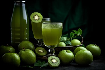 Fresh kiwi juice in glass with fresh green apples on black background