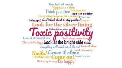 Wordcloud about TOXIC POSITIVITY. typical statements people make but they don't help a person with mental problems.