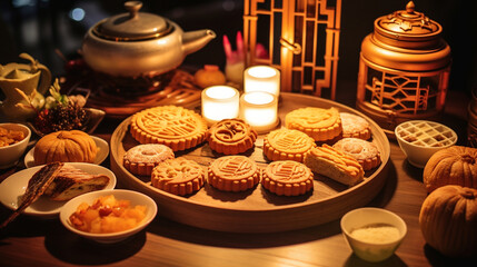 Fototapeta premium Chinese traditional mid autumn festival moon cake in wooden plate