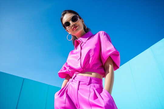 Gen-z beautiful asian fashionable female, wearing neon stylish clothes, happy, smiling, retro style in the style of Vaporwave fashion