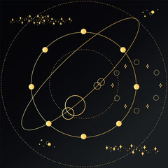 Celestial abstract background. Gold shapes and stars on a black background. Vector illustration © Mariia