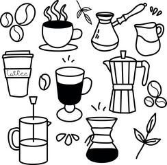 Vector set of different coffee shop. Set of illustrations about coffee. Cup, decanter, jar of beans, pot for brewing coffee, Turk, paper cup, hand, coffee grinder, bag of beans, paper packaging.