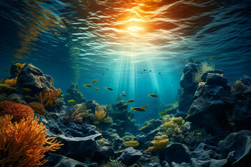 Fototapeta na wymiar Mesmerizing Underwater Spectacle: A Vast School of Fish Swimming, Generative AI