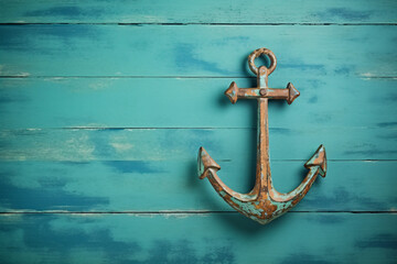 Vintage Nautical Decor: Weathered Rusty Anchor on Blue Wooden Wall, Generative AI