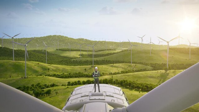 Caucasian Male Maintenance Engineer Using Laptop On Top Of Wind Turbine. Man Inspecting an Industrial Green Energy Wind Farm. 3D Animated Visualization Of Sustainable Energy Being Generated. Zoom Out.