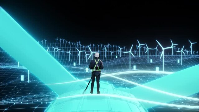 Dark 3D Animated Visualization: Caucasian Male Green Energy Engineer Using Laptop On Top Of Wind Turbine. Man Inspecting an Industrial Wind Farm. Sustainable Energy Being Generated. Zoom Out Backview.