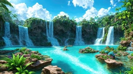 Paradise landscape with waterfalls and beautiful  tropical vegetation, magical idyllic background in eden.