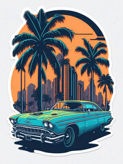 Retro car with palms flat sticker illustration, t-shirt graphic design, generative Ai.