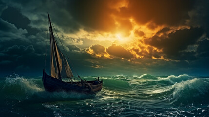 Arafed Sailboat Battling the Stormy Ocean with a Dramatic Sky, Generative AI