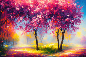 Fototapeta premium An autumn trees with orange leaves in the rain, Oil painting style illustration. Generative Ai.