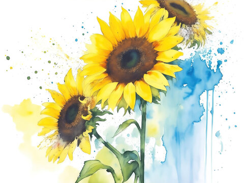 Watercolor sunflowers background, abstract flowers made from watercolor paint splashes.