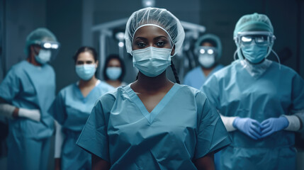 Fototapeta na wymiar Surgeon team in surgical operating room, talented surgeons wearing medical masks successfully performed complex surgery on patient, group portrait of black physicians in medical coat, generative AI