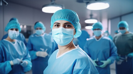 Surgeon team in surgical operating room, talented surgeons wearing medical masks successfully performed complex surgery on patient, group portrait of physicians in medical coat and cap, generative AI