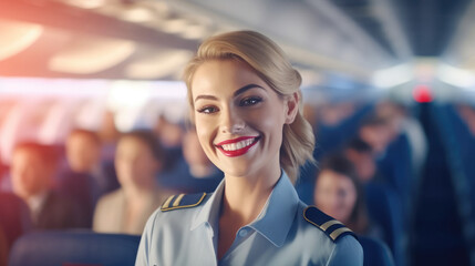 Smiling female flight attendant in blue uniform in aircraft cabin, attractive woman stewardess friendly airline employee, pleasant service for airline passengers, generative AI