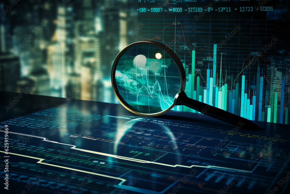 Poster close-up of magnifying glass on table revealing graph data, generative ai