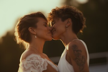 lesbian wedding. two girls in bridesmaid dresses - obrazy, fototapety, plakaty