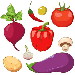 Vegetables icons set in cartoon style. Fresh organic food for menu. Vector illustration EPS10.