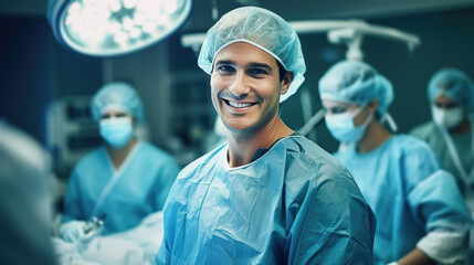Smiling surgeon man in surgical operating room, talented doctor surgeon successfully performed complex surgery on patient, happy smiling man in a medical coat and cap, generative AI