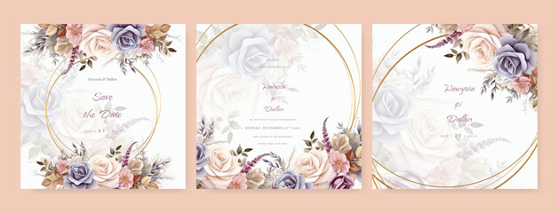 Elegant floral and leaves wedding invitation card template