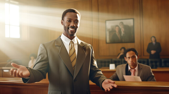 Lawyer black man in court room presents side interests in dispute before judge, attractive man attorney appears in courtroom in front of jury, lawyer protects rights of defendant, generative AI