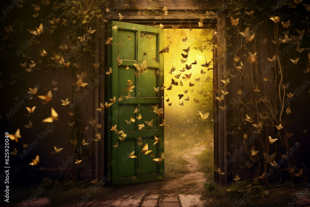 Poster enchanting doorway with a whimsical flutter of butterflies, generative ai