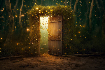 Enchanting Forest Doorway Illuminated by Fireflies and Leaves, Generative AI