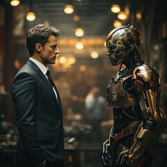 Fototapeta na wymiar Artificial Intelligence VS Human. Robot placed opposite a businessmanat dark background.Generative ai