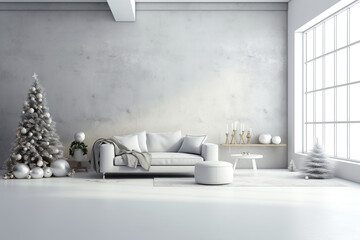 Living room interior in grey white colors with Christmas tree decoration; big wondow and gift boxes. Minimalistic design Scandinavia style,Generative ai