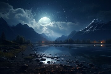 Naklejka na ściany i meble Photography of night landscapes with starry sky and full moon, Generative AI