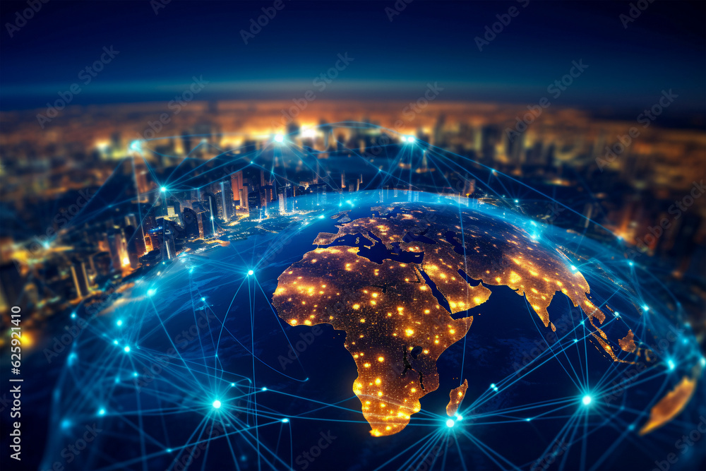 Poster mesmerizing night view of a city illuminated by a network of lights, generative ai