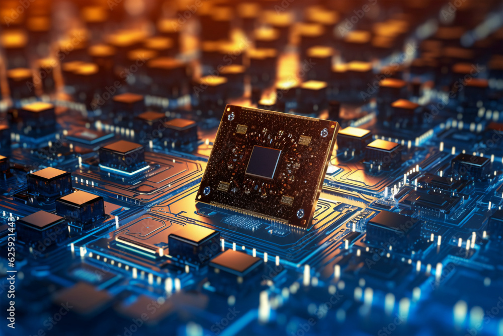 Aufkleber high-resolution close-up of a blue circuit board with computer chip, generated by ai