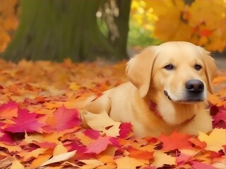 Golden Retriever in Autumn playful