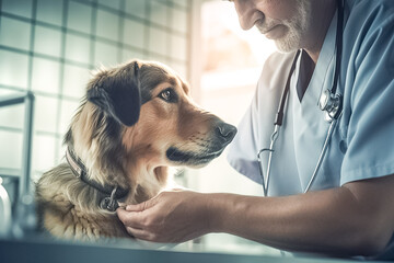 Adult male vet doctor examining the dog in a vet clinic. generative ai

