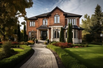 brick house with beautiful garden entrance - generative ai