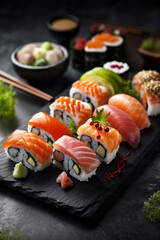 meal sushi rice fish set seafood japan food roll japanese. Generative AI.
