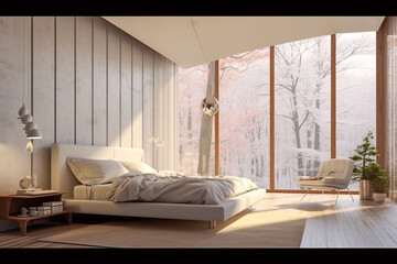 Fototapeta na wymiar Cozy Bedroom with a Spacious Window Overlooking Serene Views, Generative AI