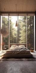 Cozy Bedroom with a Spacious Window Overlooking Serene Views, Generative AI