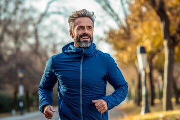 Portrait of a middle-aged man jogging in the park. - obrazy, fototapety, plakaty
