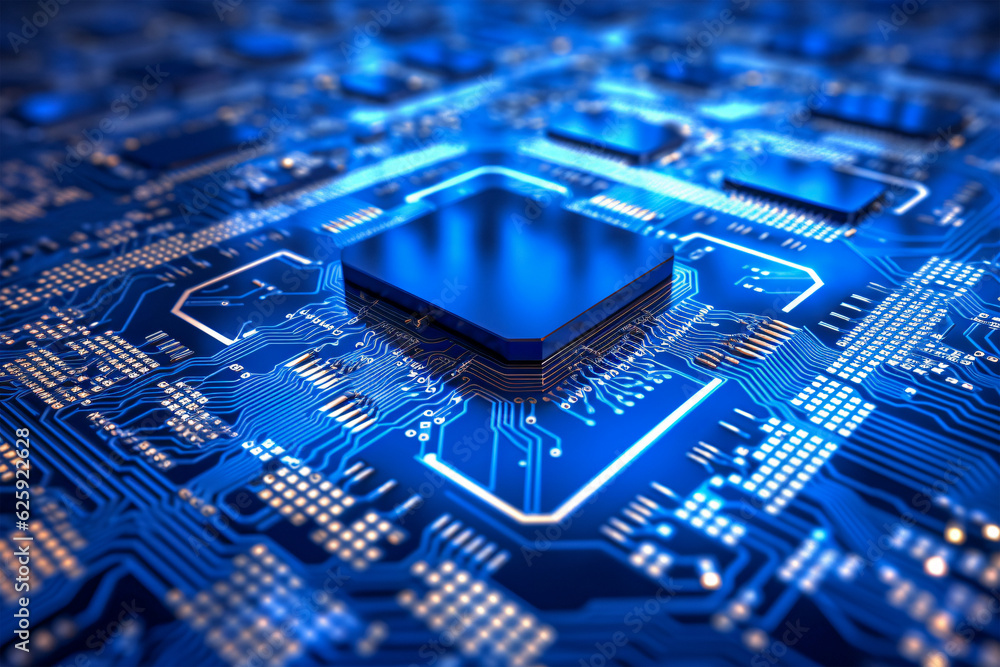 Poster high-resolution close-up of a blue circuit board with computer chip, generated by ai