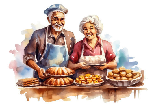 happy bakery man and woman in watercolor art, labor day banner, copy space, isolated background