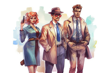 Obraz premium happy detective man and woman in watercolor art, labor day banner, copy space, isolated background