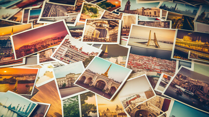travel photos of different landmarks and tourism destinations on table
