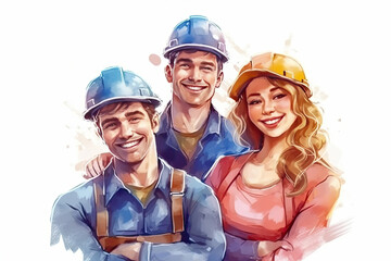happy builder man and woman in watercolor art, labor day banner, copy space, isolated background